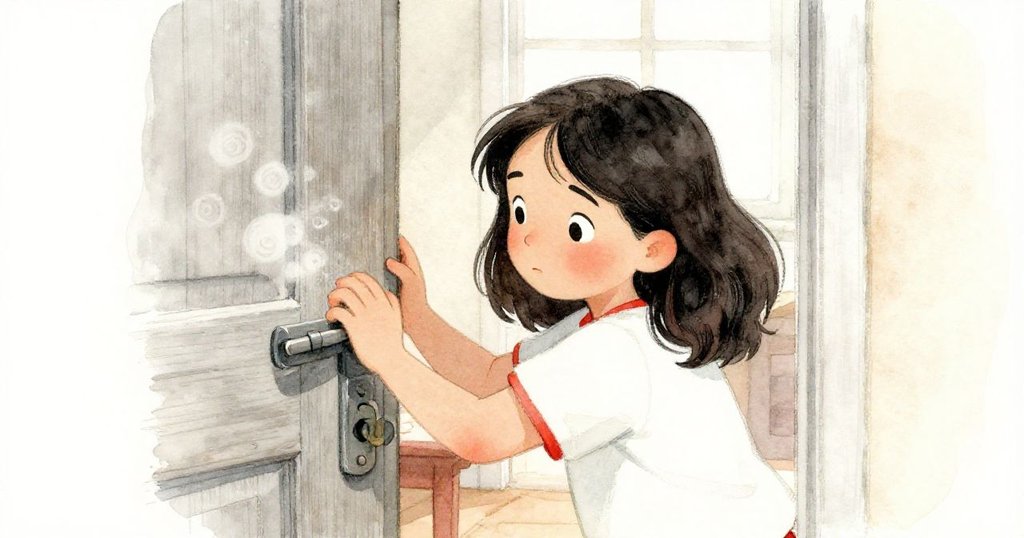 瑪莉絲輕觸滲滿灰塵的老木門，門閂微彈發出聲響，隨著門扉開啟，溫暖氣息流露驚喜神情。