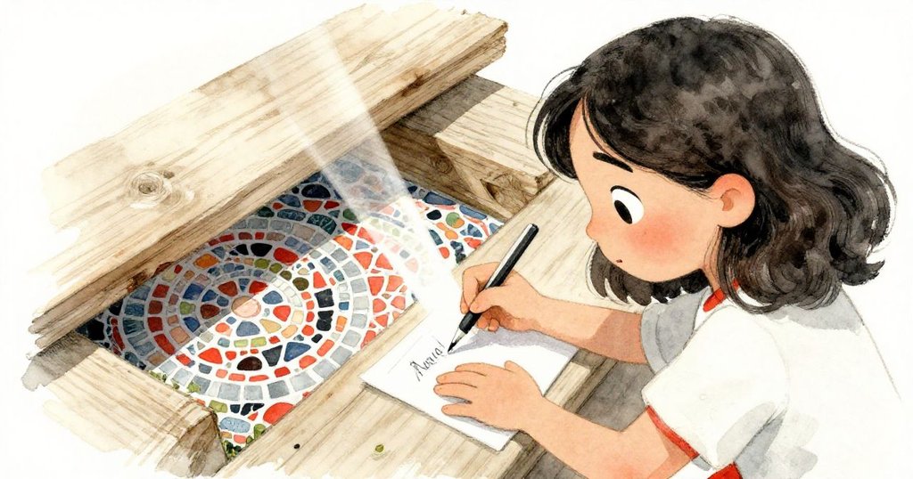 瑪莉絲專注描繪牆上隱藏馬賽克，輕撥倒下木板展現斑斕色彩，神情沉著中透出新發現的驚喜。