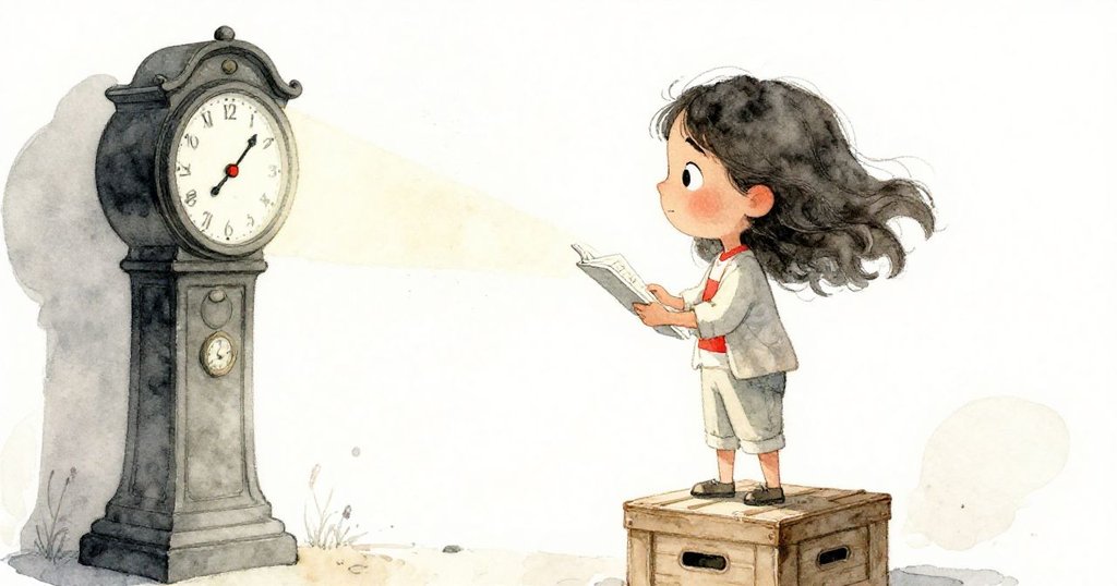 瑪莉絲站在舊木箱上注視啟動滴答的古鐘，手中素描與飄落塵埃交織，展露出深思與微妙轉折情感。