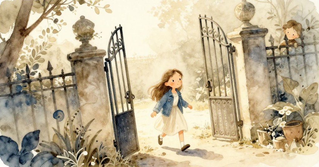 米拉滿懷期待地穿過生鏽鐵門進入老植物庭院，畫冊在手，金光中散發出初始的神秘感