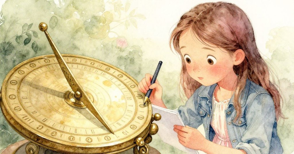 米拉專注凝視庭院中心的古老日晷，手中的畫冊與金屬細紋相輝映，表情充滿沉思
