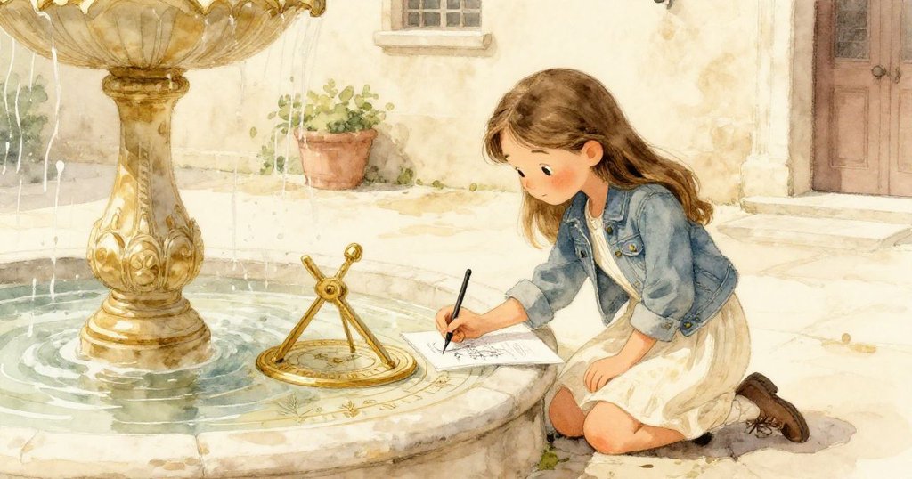 米拉在庭院噴泉旁俯身描繪日晷細節，眼神堅定，濕潤石板與夕陽餘暉襯托出專注熱情