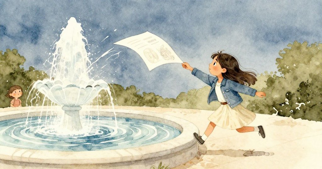 米拉急忙追趕被風吹飛的畫紙，飛向噴泉中，水花四濺，庭院暮色與紫雲映襯出動感情景