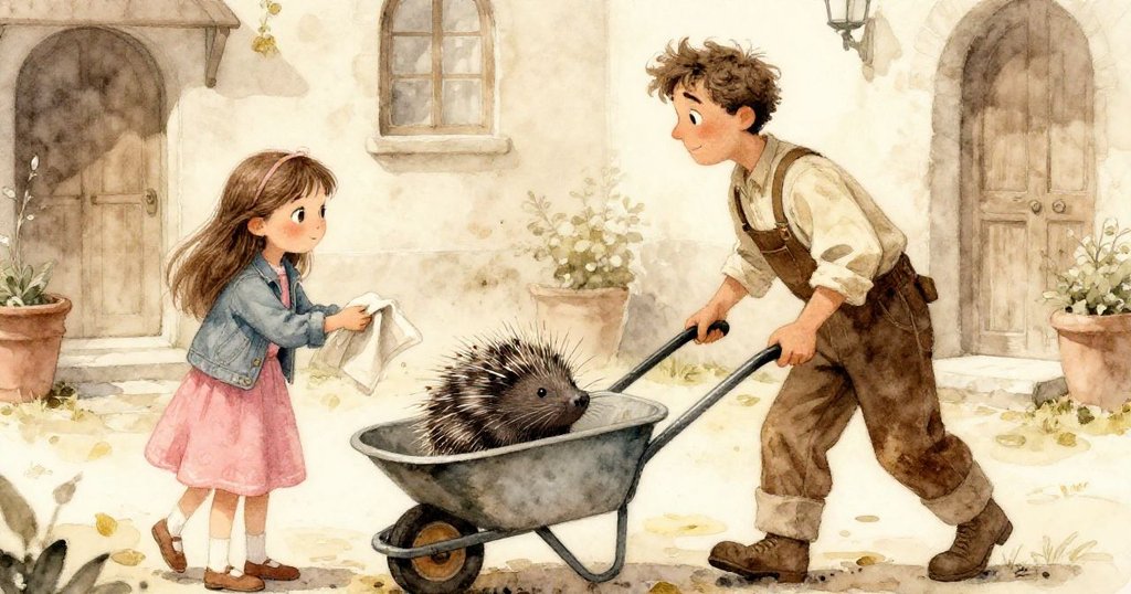 米拉與古怪園丁在庭院中互動，園丁推著帶刺蝟的手推車遞上粗布，溫暖光線映出默契關懷