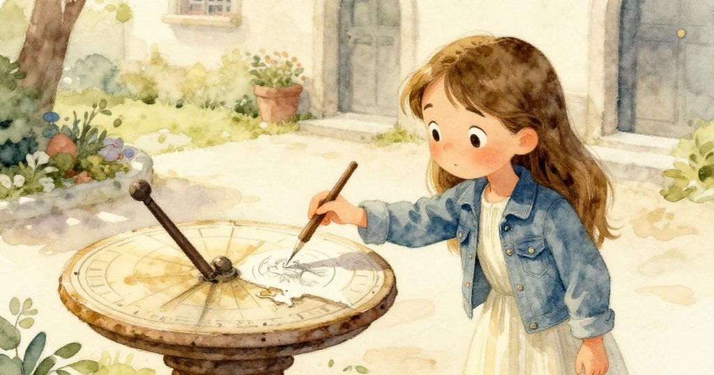 米拉小心按壓受損畫作於日晷基座上，手勢細膩，陽光重現印記清晰，展現續寫希望情懷