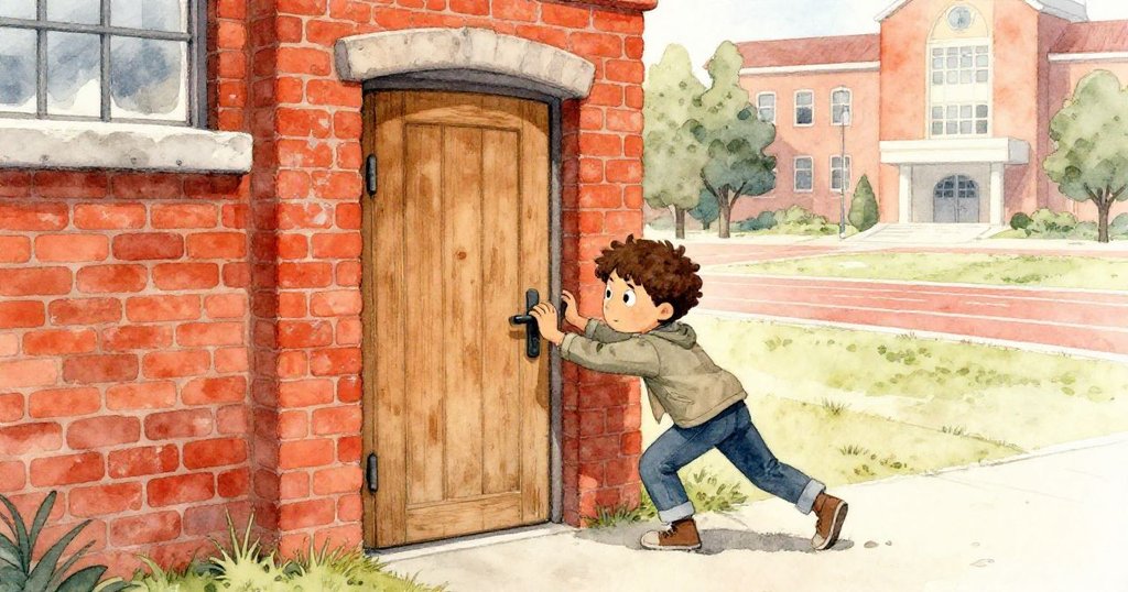 馬庫斯推動老校園紅磚體育館的木門，臉上充滿探險與堅定，背景呈現歷史斑駁與溫暖陽光。