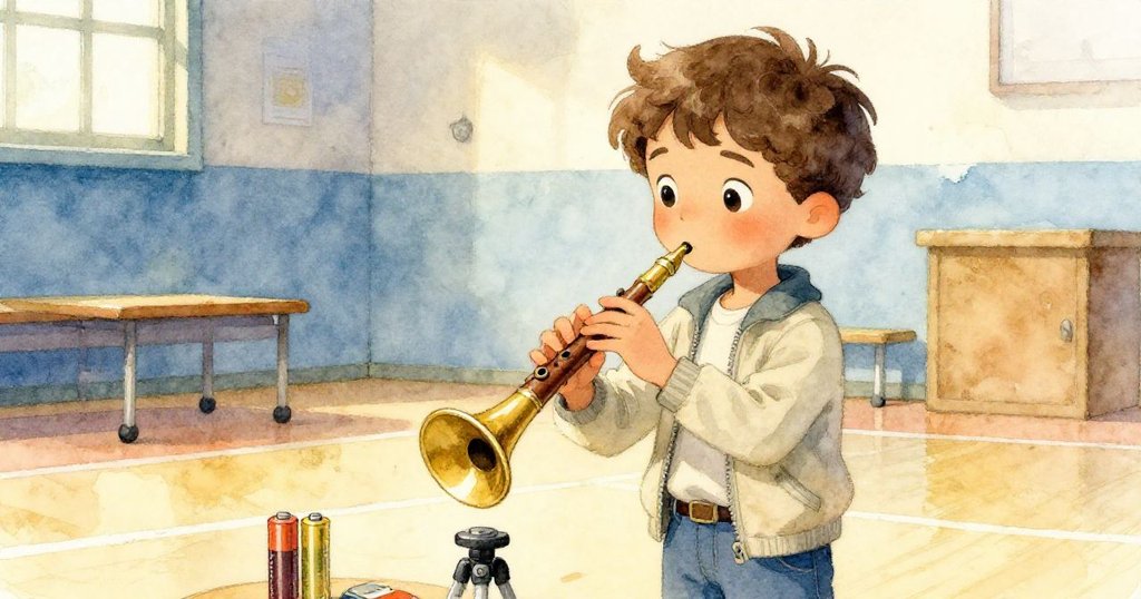 馬庫斯仔細整理錄音機、腳架及電池，雙手靈巧動作，背景隱現舊體育館冷暖交織的光影。