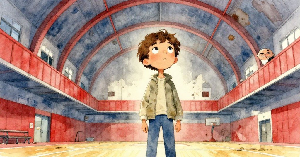 馬庫斯從低角度仰望破舊體育館高聳拱頂，眼神堅定，拱形結構與光影交織出時光沉澱的神秘感。