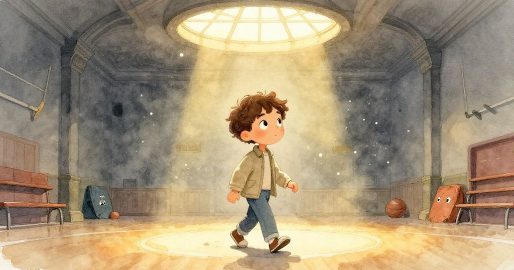 馬庫斯踏入昏暗體育館大廳，天窗斑駁光影映照塵埃，步伐中帶著對過去與現實交錯的敬畏。