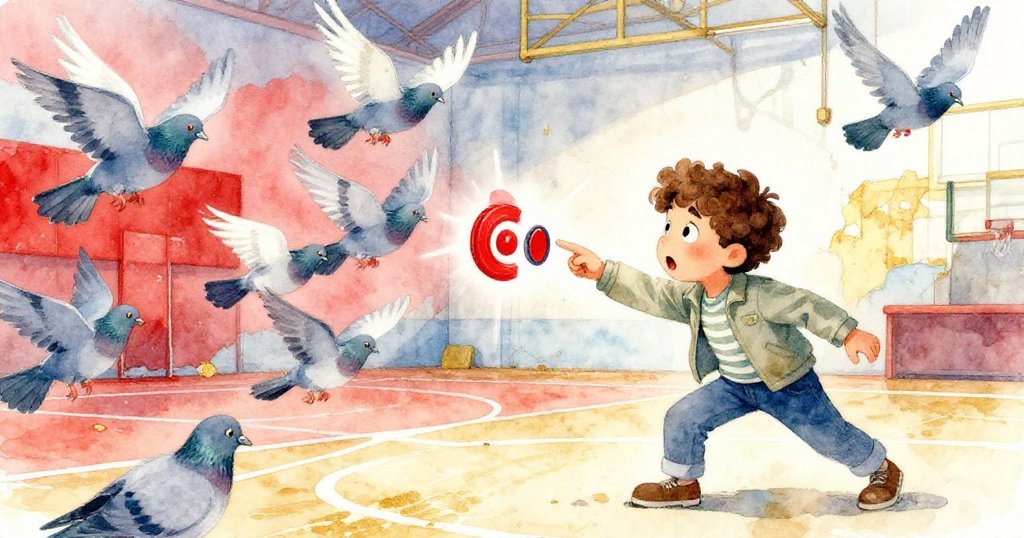 馬庫斯突然按下錄音鍵，震驚中鴿群展翅飛舞，金屬板隨風搖曳，畫面定格戲劇轉折瞬間。