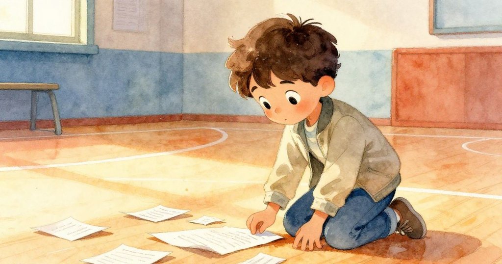 馬庫斯蹲下撿拾散落筆記頁，神情溫柔中蘊含堅定，背景體育館見證探險與回憶終章。