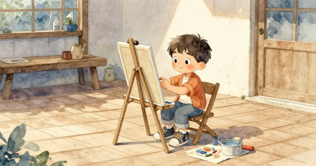 Sam在Hillcrest Deck上用力按下摺疊畫架，陽光映照木板，背景有樹影與小徑，滿懷期待開始創作