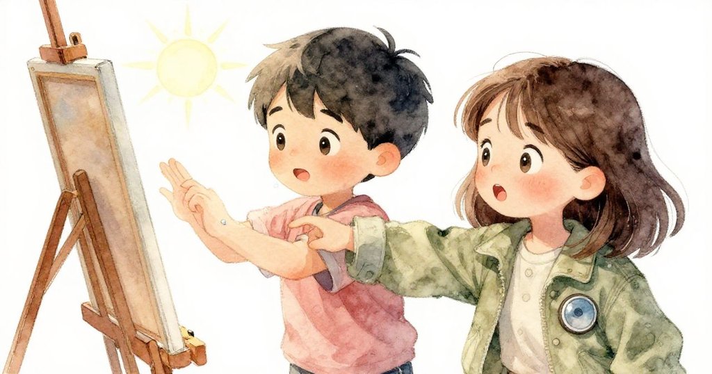 Mira靠近畫架時不慎觸動水珠滴落在袖上，臉上露出驚喜與禮貌微笑，環境溫暖細膩