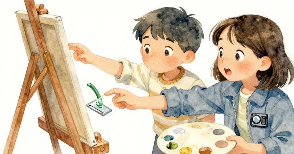 Sam與Mira急速伸手捕捉傾斜畫架與滑動調色板，綠色油彩飛濺記憶卡上，畫面呈現忙亂與瞬間反映