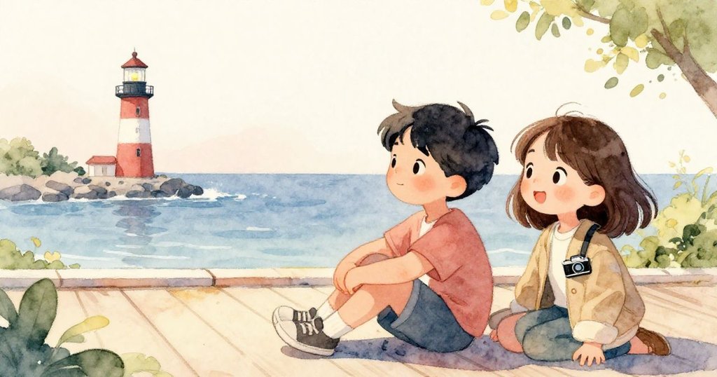 平靜恢復後，Sam與Mira並肩互視作品，水彩天際線與綠色照片交融出遠處燈塔輪廓，畫面溫馨感人