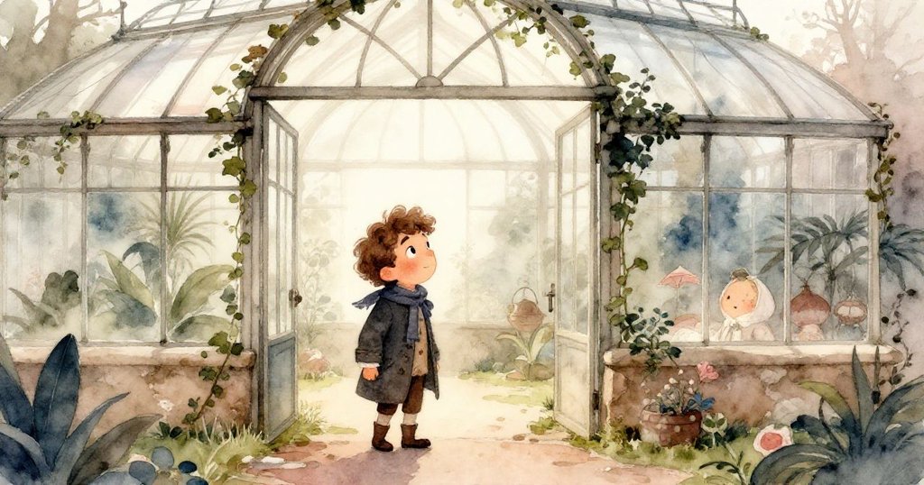喬納斯穿著深色風衣，邁步走向古老玻璃溫室，晨霧襯托出温暖景致，表情充滿好奇與期待。