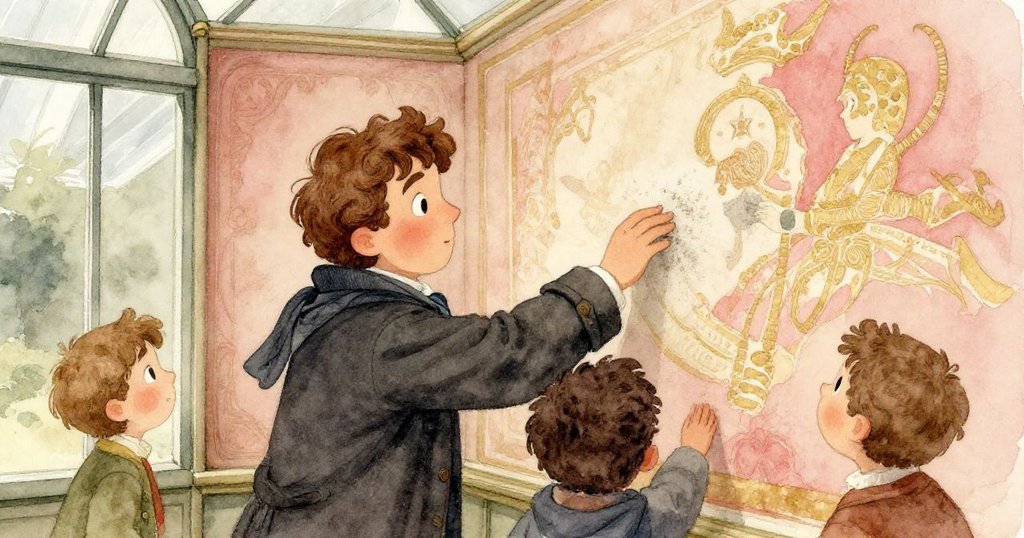 喬納斯進入隱秘角落，輕撫牆面拂去灰塵，發現朦朧壁畫，環境帶有神秘古舊氛圍。