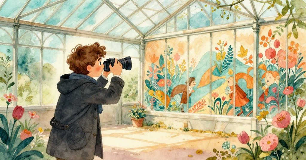 喬納斯對著剛復甦的壁畫舉起相機，笑容滿足，牆上藍綠橙黃色彩繽紛，連結了歷史與未來。