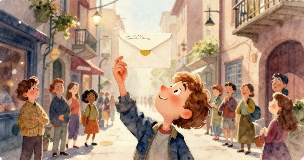 Leo急步走在石板路上，花瓣隨步飄落，水坑反射光影，呈現出堅定與期待前行的情景。