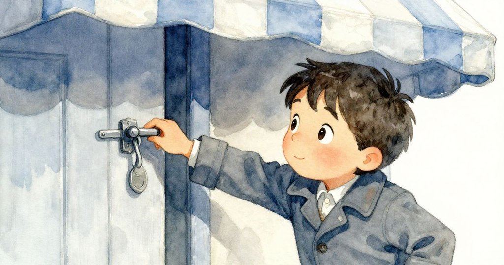 在扭曲視角下，Leo彎身推門，衣袖意外被門扣勾住，臉上流露出驚訝又堅定的情緒，背景呈現褪色雨棚。