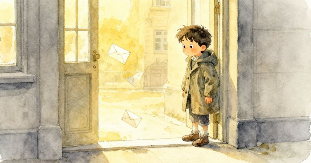 微風從敞開的側門帶起信封飛舞，Leo注視著信紙輕越門檻，背景城市漸隱，呈現奇妙轉換的瞬間。