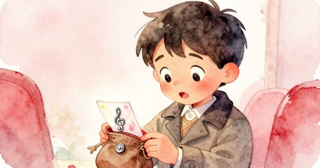 在音樂廳內，Leo打開小袋子驚喜發現折疊卡片和閃亮高音符，臉上充滿溫暖驚異與懷舊旋律情懷。