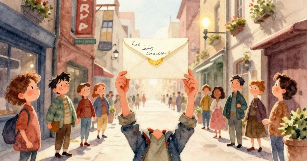 夕陽灑落音樂廳內，空信封靜臥於樂器台上，溫暖光線映照出平靜與和諧，畫面結尾呈現神秘卻滿足的情感。