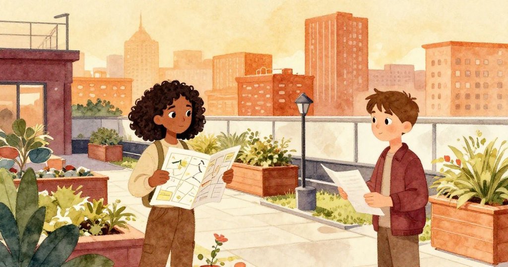 在晨光中,Mira指引路徑,Jonas記筆記,兩人在屋頂花園中探索,神情專注且充滿期待。