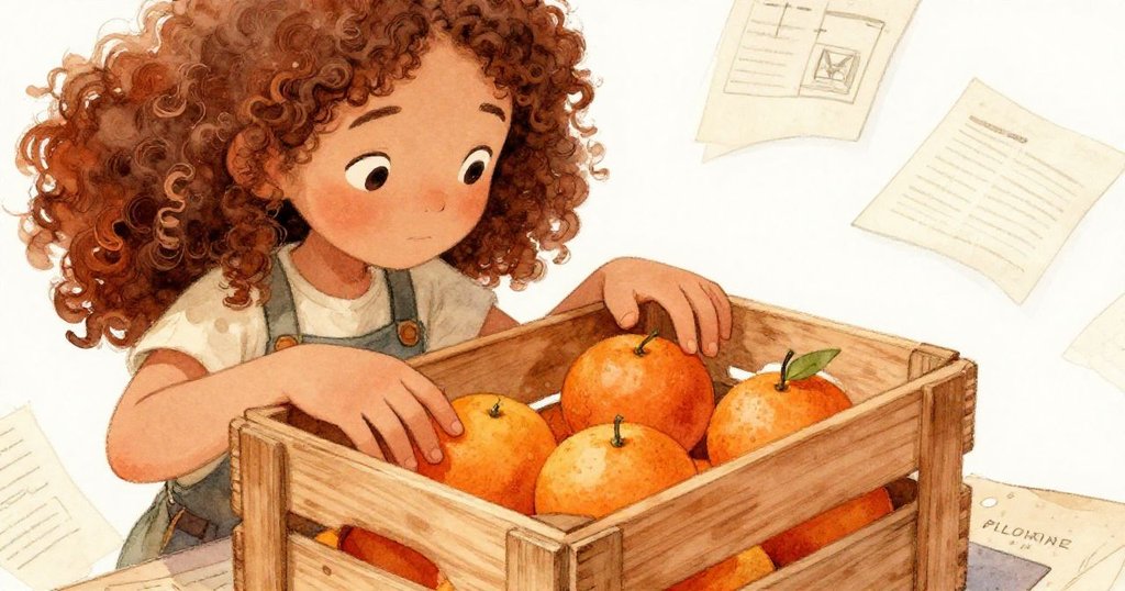 Mira蹲下專注檢查木箱,觸摸木質細節,背景中有工具和計劃圖,流露出認真與溫暖。