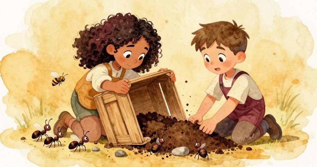 Mira和Jonas協力搬運傾斜的木箱,周圍散落泥土和螞蟻忙碌,蜜蜂悄然降臨探花,場景熱鬧而細膩。