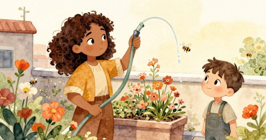 在明媚陽光下,Mira細心調整滴水管,Jonas觀察蜜蜂採花,屋頂花園充滿生機與溫暖希望。