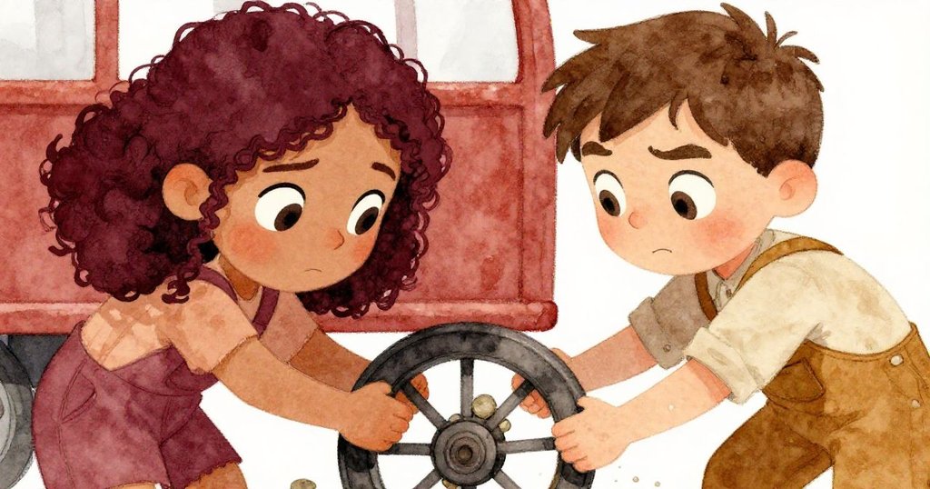 Mira與Jonas緊張合作搖晃車輪,試圖清除卡住的小石子,表情專注且略帶焦急,瞬間定格在花園中。