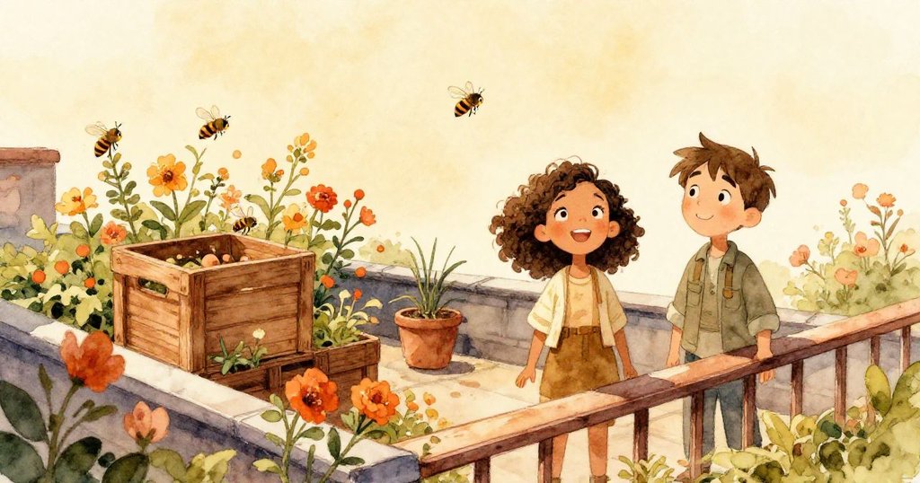 Mira和Jonas在東邊欄杆旁成功安置箱子,蜜蜂在花間穿梭,兩人滿懷成就感,展現出輕鬆與期待未來。