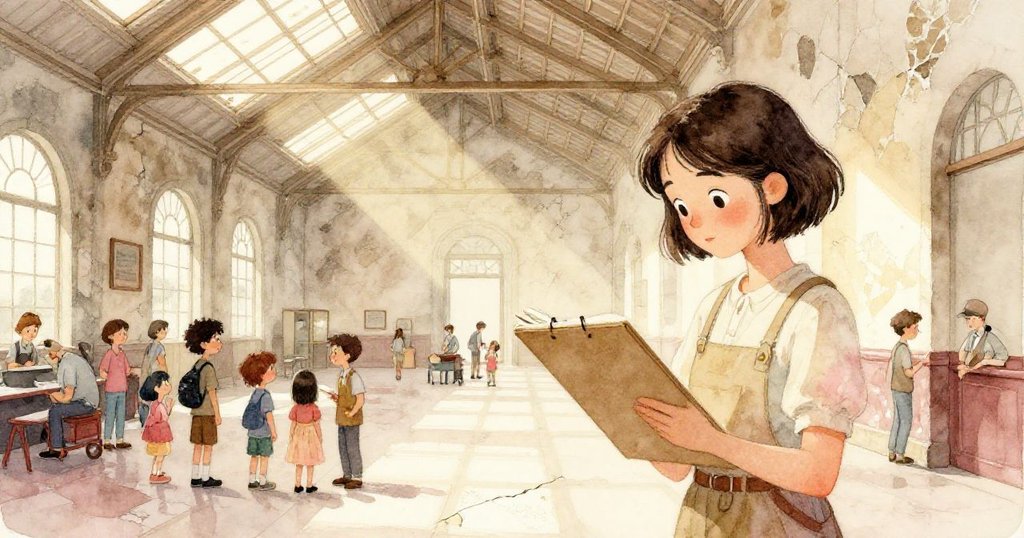 Mira走入老博物館大廳,與其他參觀者交錯,室內陳舊卻溫暖的環境中透露著探索與好奇的情緒