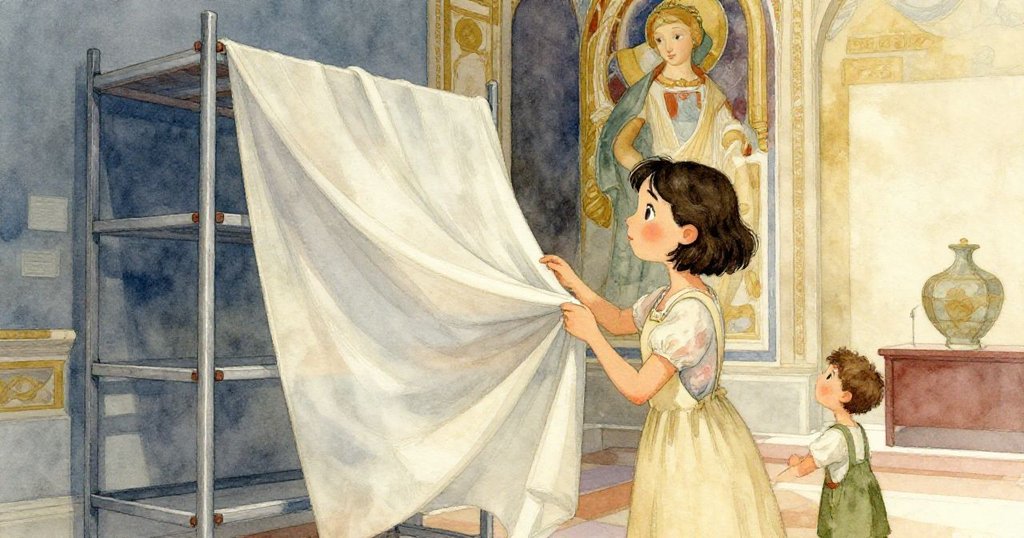 Mira站在東牆旁的腳手架前,小心地拉起遮布,透露出古老壁畫一角,其間形成鮮明對比