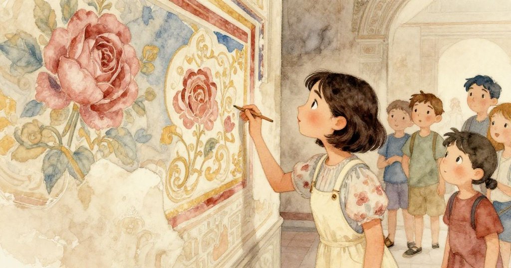 Mira驚嘆於展現旅人與搬運工夢幻場景的壁畫層次,背景中的觀眾亦靜默欣賞