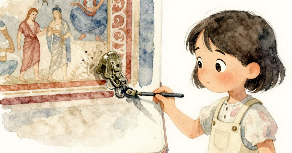 Mira專注地觀察意外留下的炭筆痕跡,壁畫中細小的髮夾細節逐漸顯現,現實和藝術交融