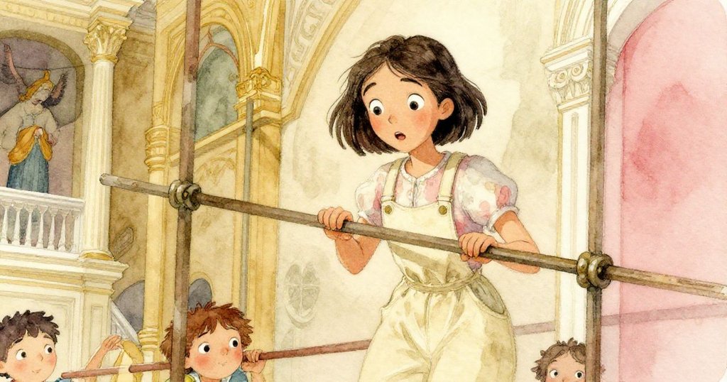 Mira在腳手架上失衡,膝部碰觸欄杆,表情中透露出驚慌與堅定,場景動態展示古老大廳細節