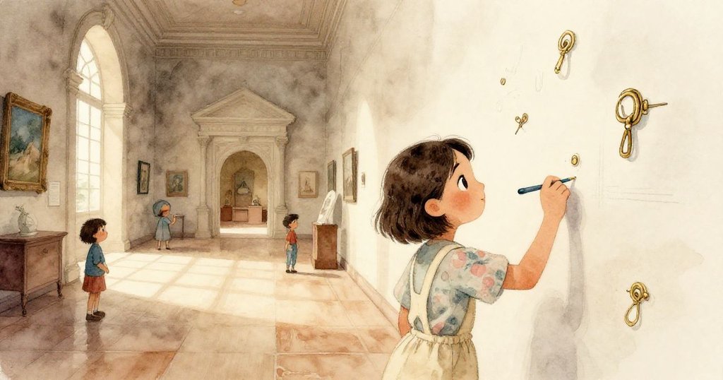 Mira在寬闊的大廳中繼續素描,牆上重現多個微小髮夾細節,燈光與歷史氛圍交織,預示故事延續