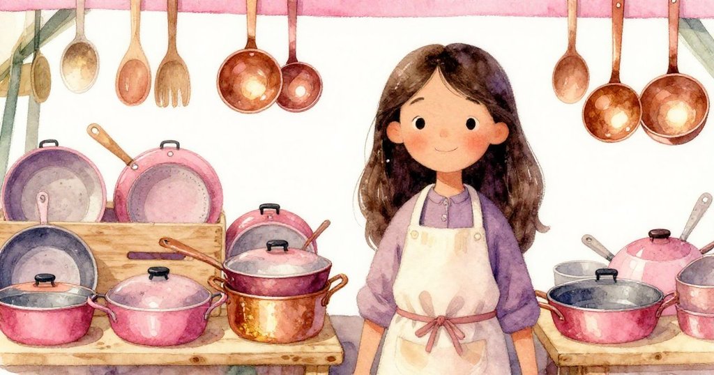 米里亞姆在整理市場攤位上的亮面廚具，木匙與銅湯匙相映，溫馨明亮，充滿藝術氣息。