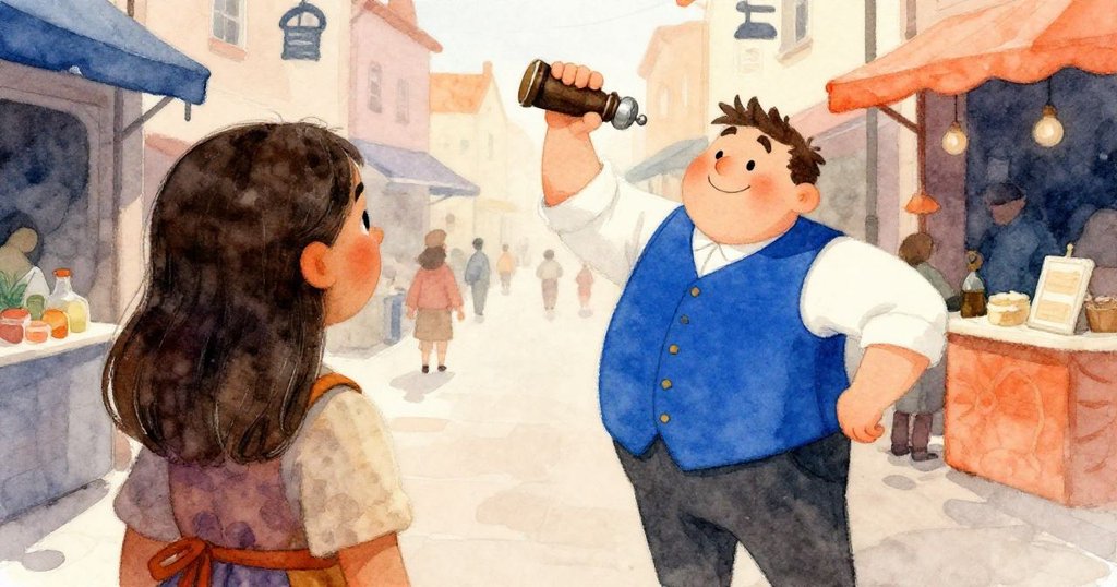 從米里亞姆背影看見穿皇家藍外套的小丑般人物玩弄胡椒研磨器，市場巷弄中洋溢著趣味氣氛。