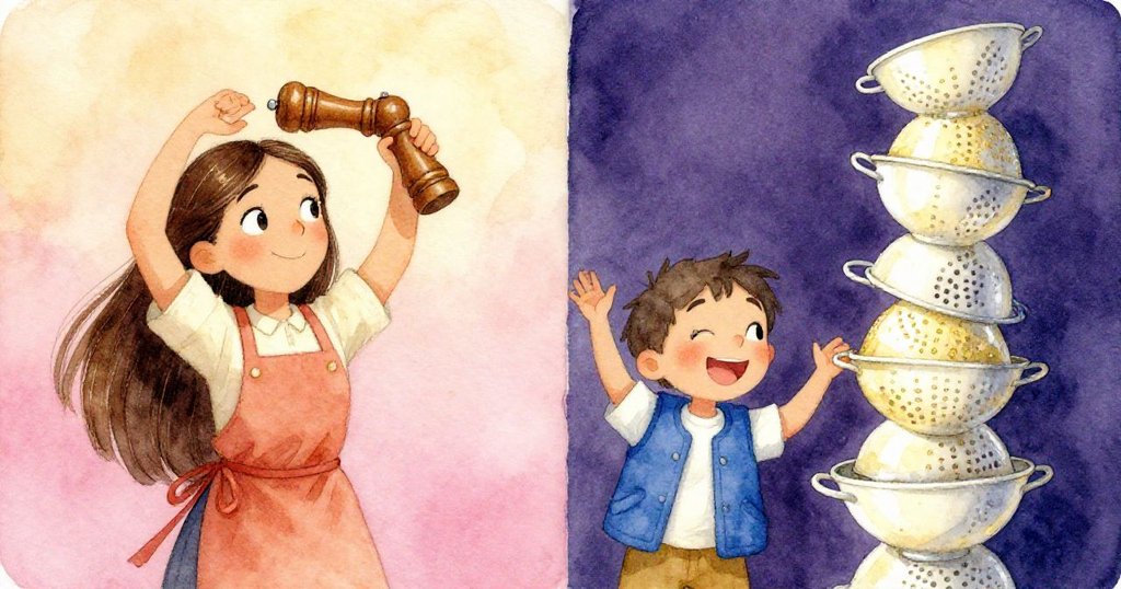 分割畫面呈現兩個世界，一邊小丑揮舞胡椒研磨器，另一邊高疊漏斗即將傾倒，市場充滿戲劇對比。