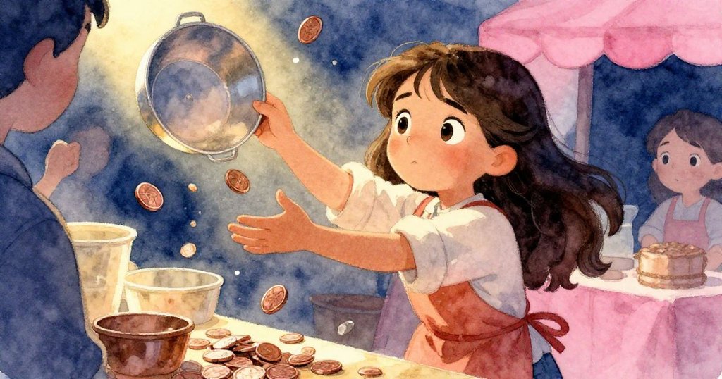 米里亞姆急伸手穩住快跌倒的漏斗，桌上銅幣四散，她神情堅毅，市場攤位充滿緊張氣氛。