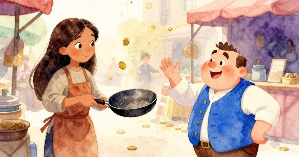 米里亞姆翻轉精緻煎鍋並遞出鍋柄，小丑謙卑回應，銅幣閃爍，市場恢復生機，充滿溫馨希望。