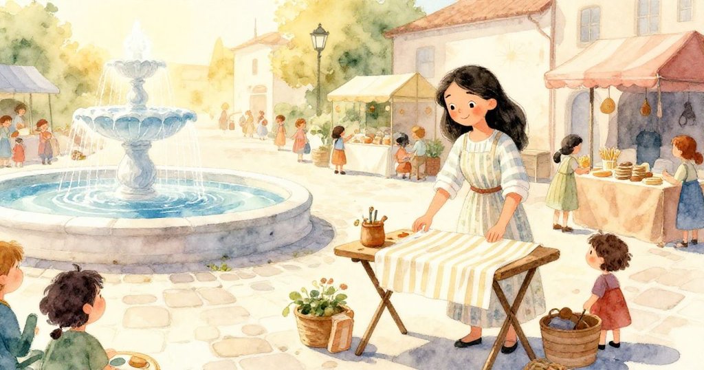 Elena在噴泉旁擺設摺疊桌，展開條紋桌布，背景古老鵝卵石廣場熱鬧，神情專注愉悅。