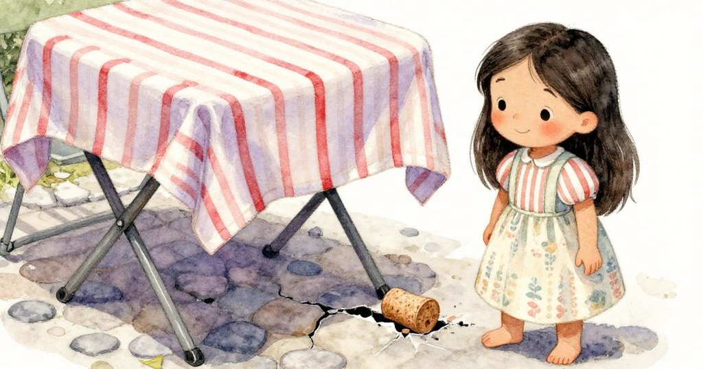 Elena專心用腳和手維穩桌腿，條紋桌布覆蓋桌面，近距離展現裂縫與軟木塞細節，神情堅定。