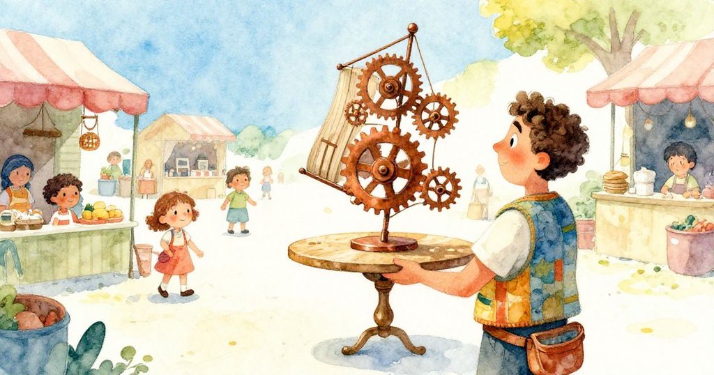 Marco從背後觀察桌子，手持銅齒輪與木帆雕塑，表情好奇而生動，市場背景熙熙攘攘。