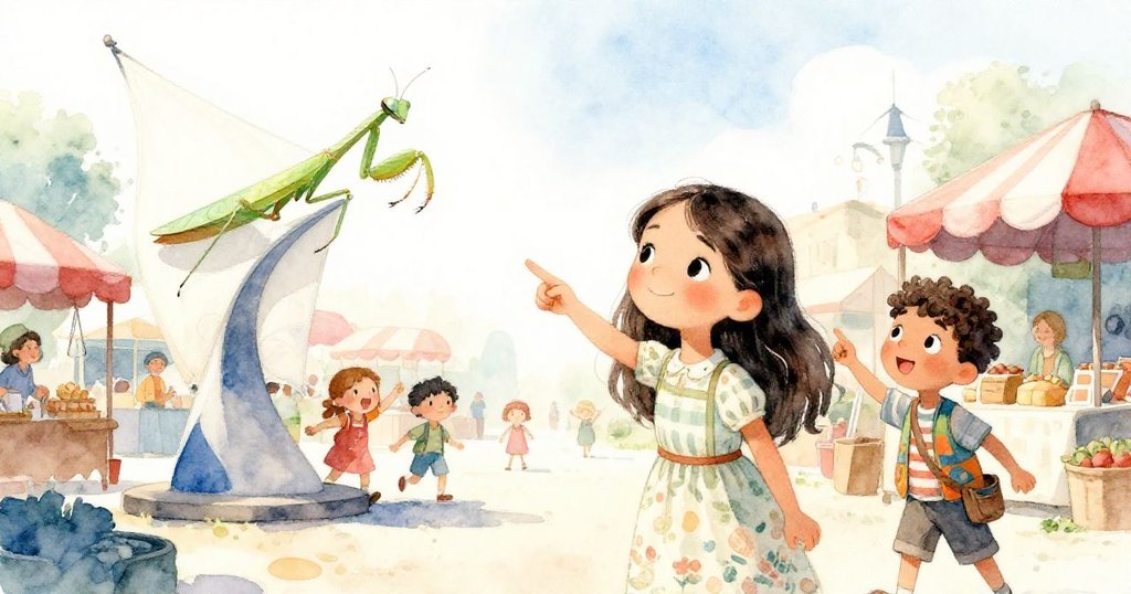 綠色螳螂停在雕塑帆上，孩子們興奮地指向這奇妙景象，市場廣場充滿歡樂與明亮晨光。