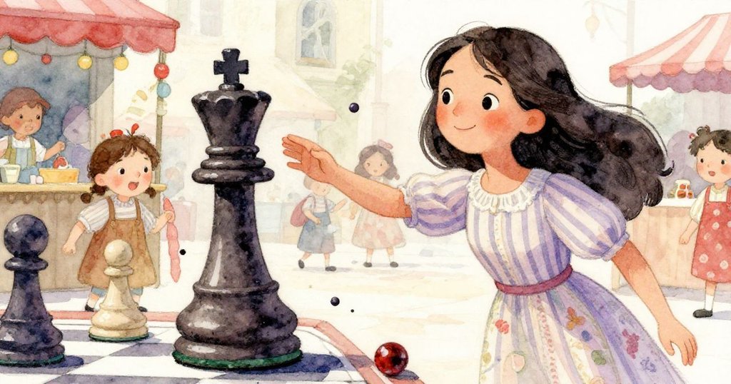 Elena迅速伸手接住被滾珠推動的棋后，表情緊張決心，近距離捕捉動感瞬間和雕塑細節。