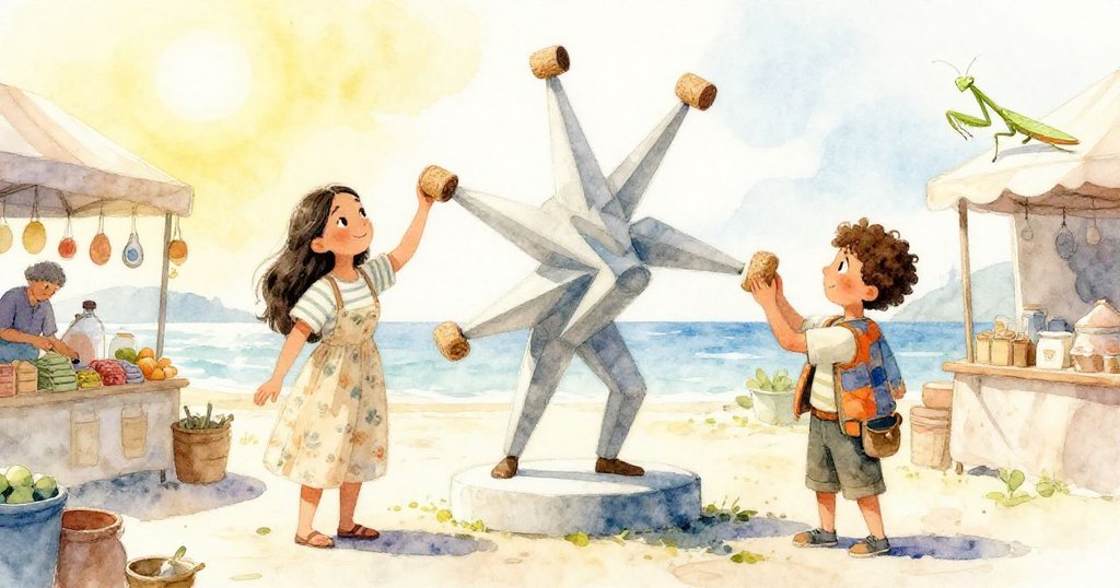 Marco調整軟木塞，Elena靜賞均衡雕塑，中間棋子閃爍發光，市場廣場呈現寧靜溫暖晨光。